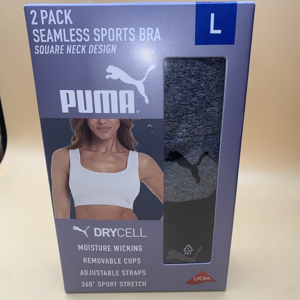New Puma Women's 2 Pack Square Neck Seamless Wicking Sports Bra Black/Gray Large